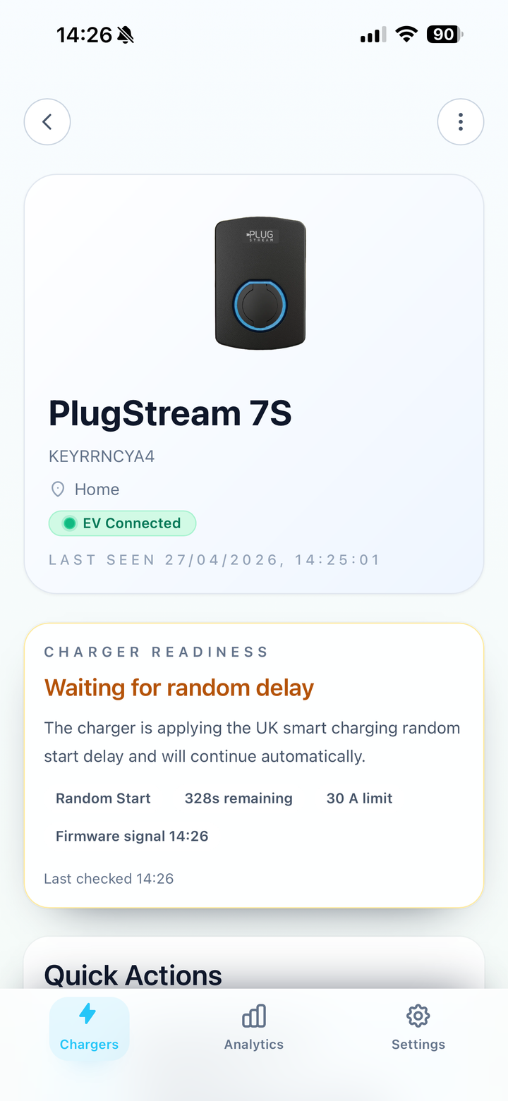 MyPlugStream Charger readiness card showing a random start delay